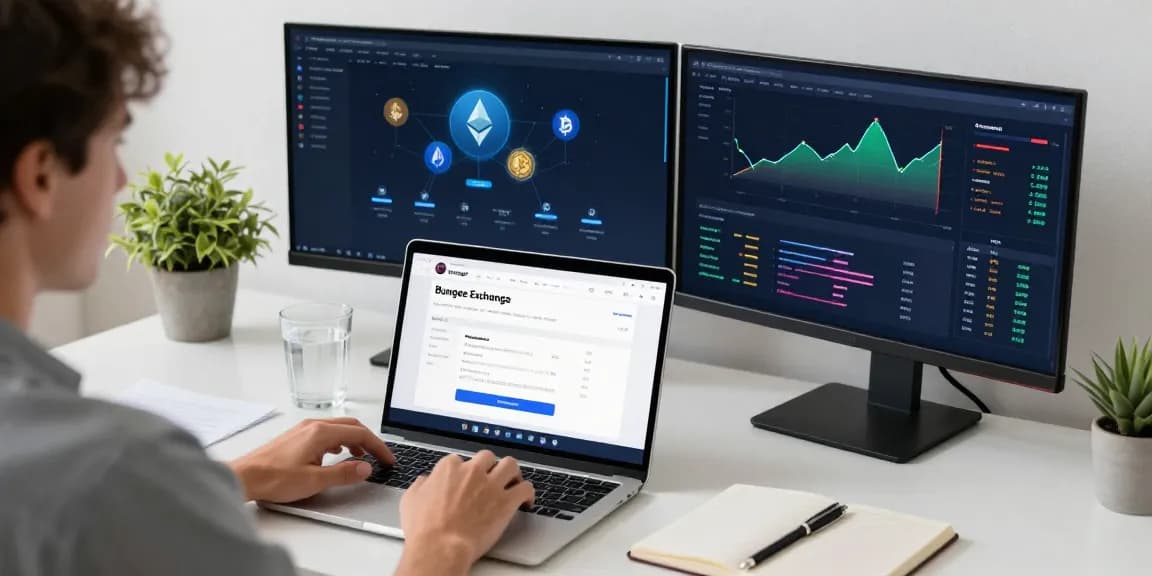 Bungee Exchange platform analysis in a modern workspace with a user interacting with cross-chain transactions and vibrant blockchain data visualizations.
