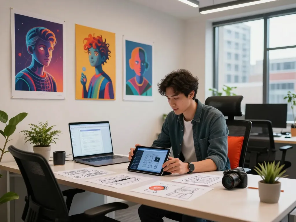 Creating engaging designs in a modern workspace featuring juicy ai tools for innovative art.