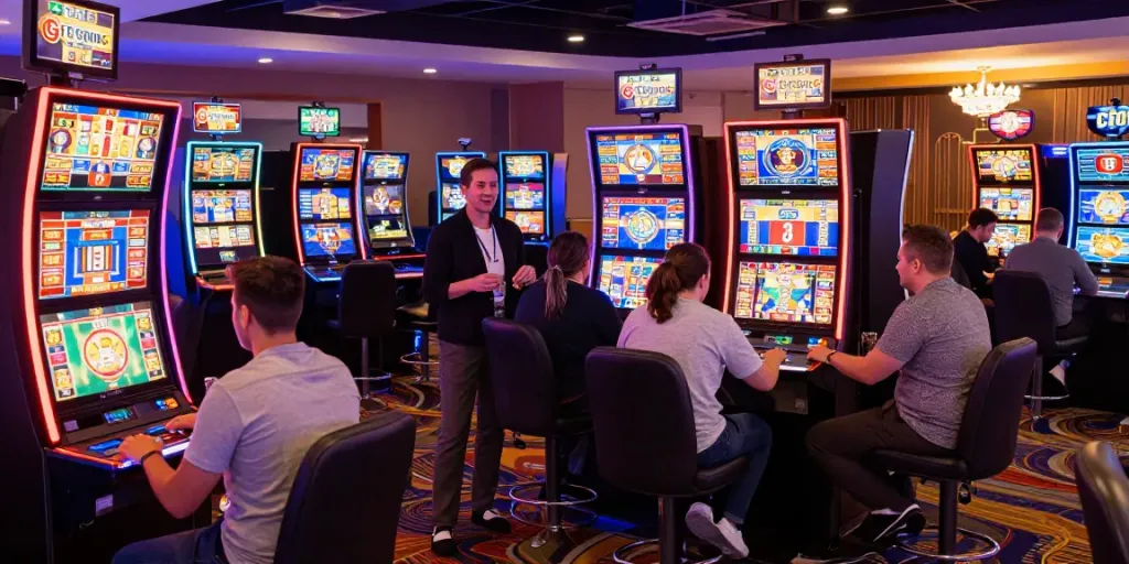 Spelers genieten van diverse spellen bij GTSpins Casino, met neonlichten en een levendige sfeer.
