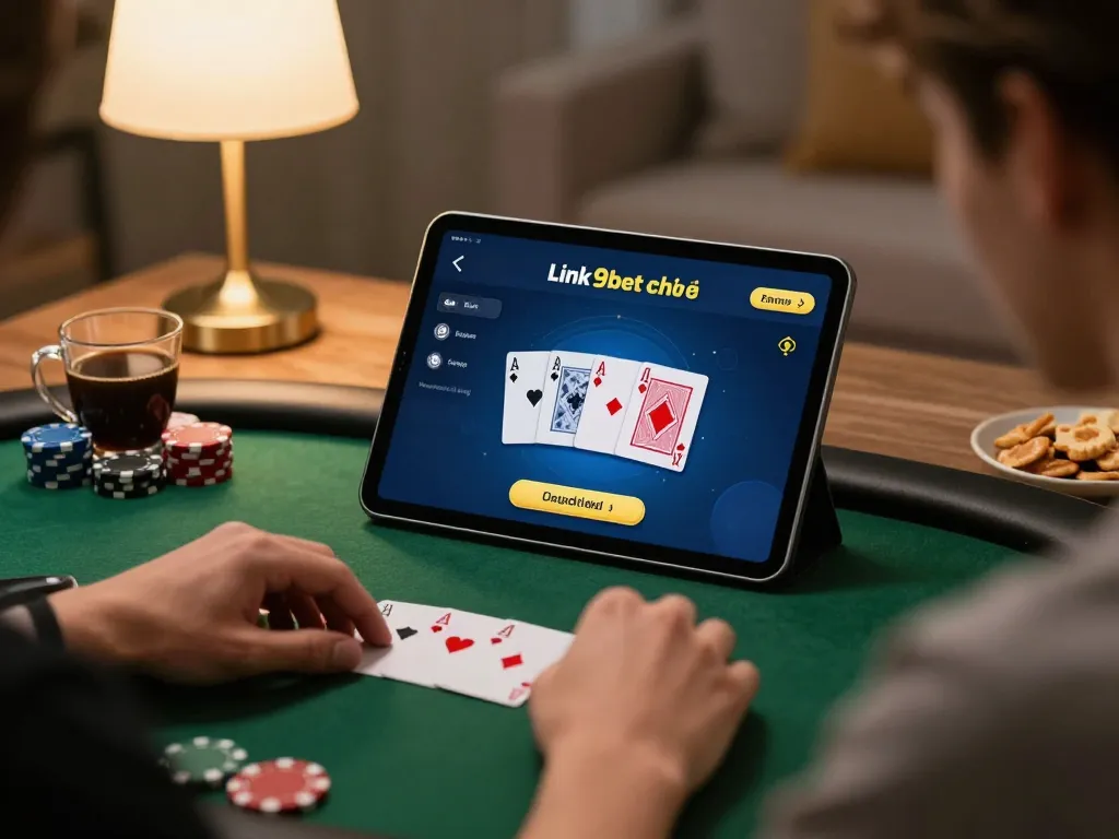 Engaging with the Link 9bet chính thức poker interface on a tablet in a cozy home setup.