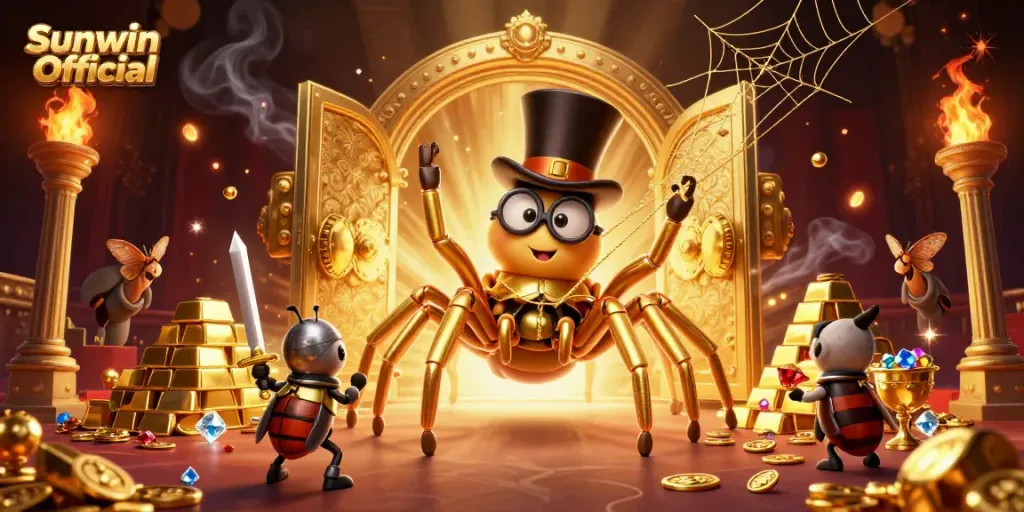 Engage with Sunwin Official's playful characters and vibrant treasures in a dynamic casino scene.