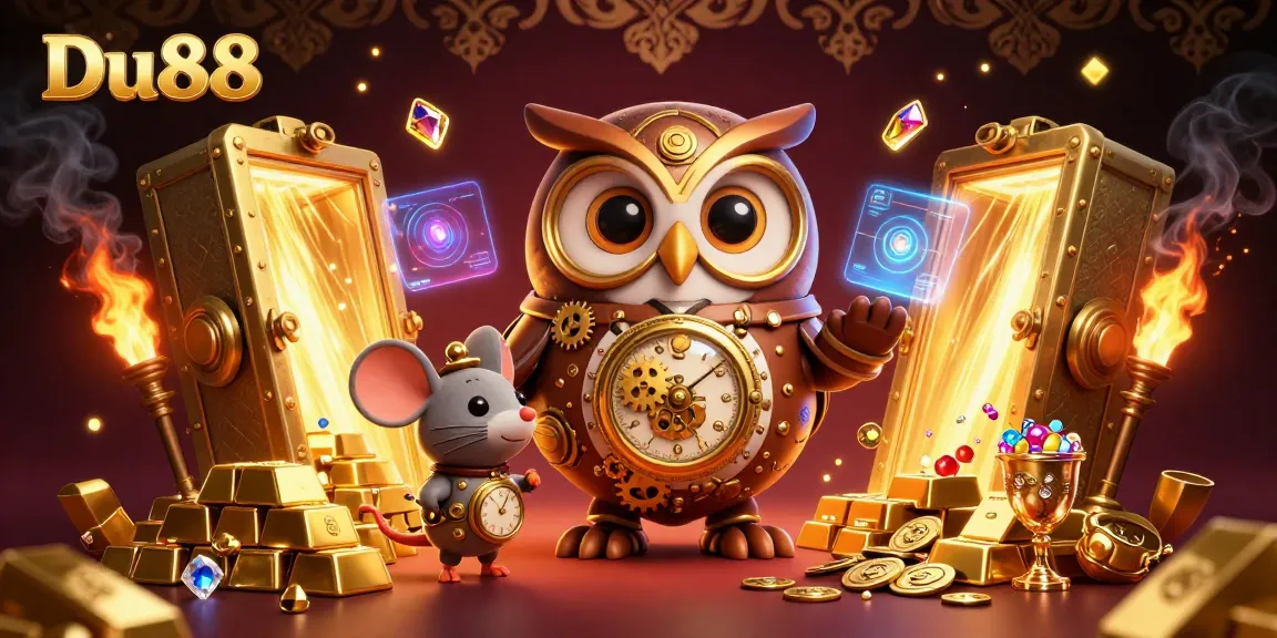 Engage at Du88 with a vibrant 3D illustration of a steampunk owl navigating a treasure-filled casino scene.