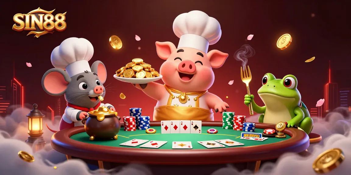 SIN88 showcases a lively 3D scene with characters enjoying casino excitement and gold coins.