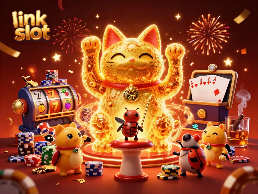 Winning with link slot: A vibrant illustration of a lucky cat and poker symbols, celebrating jackpot success.