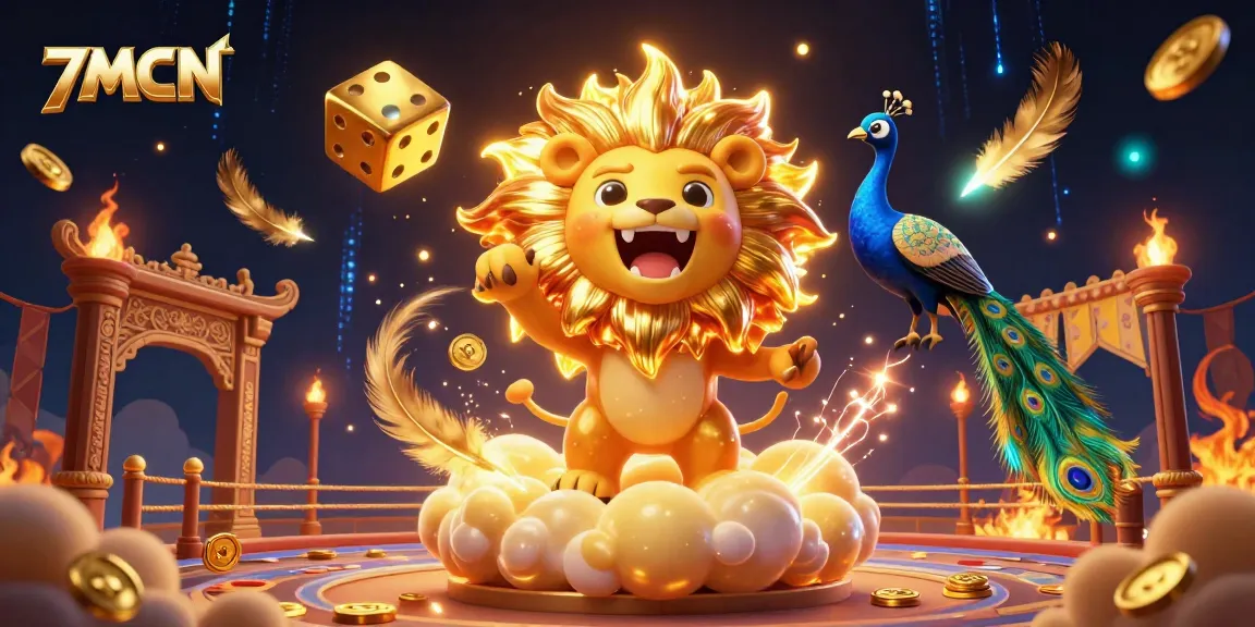 Betting with 7MCN: a vibrant 3D scene featuring a roaring lion and golden dice amidst dynamic sports elements.