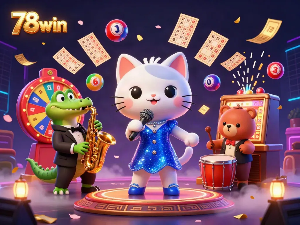 Experience excitement with 78win as a vibrant cat, crocodile, and bear perform amid dynamic lottery visuals.