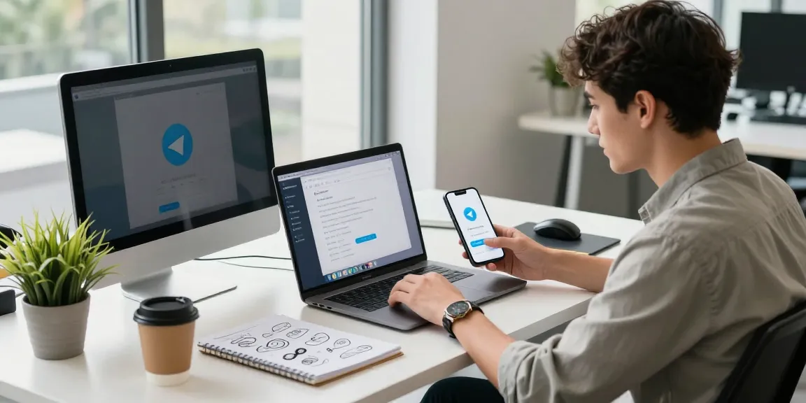 Engaging workspace displaying how to Download Telegram on various devices, showcasing a professional interacting with software, bright and inviting setting.