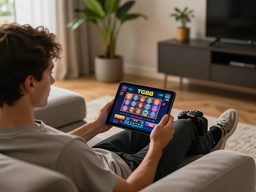 Engaging in online gaming with the TG88 app on a tablet, showcasing vibrant graphics and user-friendly interface.