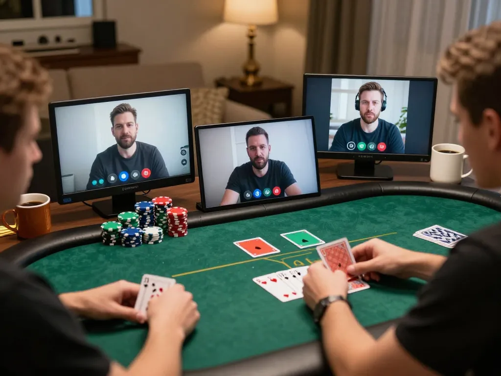 Players strategizing in an online poker game on Lu88, showcasing vibrant cards and chips.