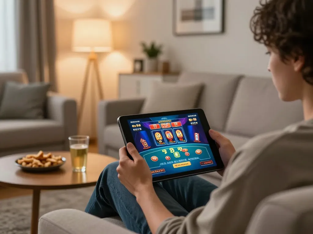 Engaged user experiencing 789WIN at home, playing casino games on tablet with cozy decor.