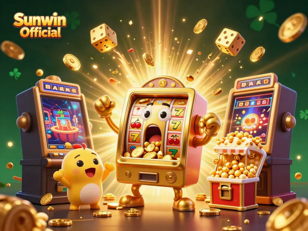 Experience the excitement of Sunwin Official with a vibrant jackpot scene showcasing cheerful slot machines and dynamic gaming elements.