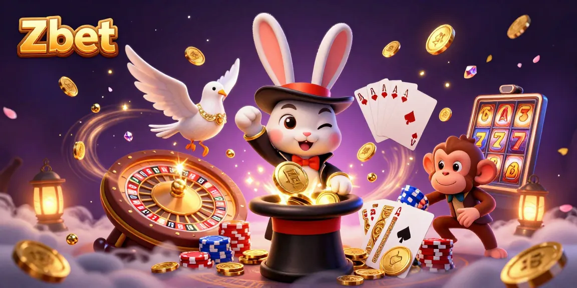 Experience thrilling moments at Zbet with a magician rabbit and playful characters surrounded by casino excitement.