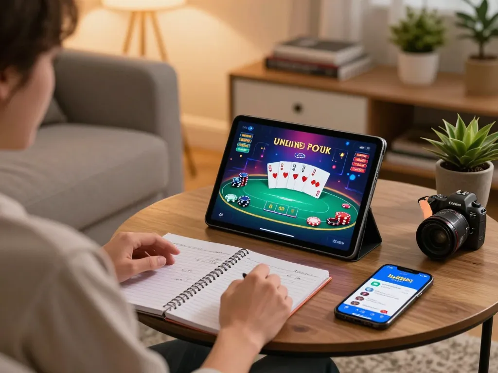 Engaging in online gambling with the bj88bj app on a tablet, surrounded by strategy notes and a cozy setting.
