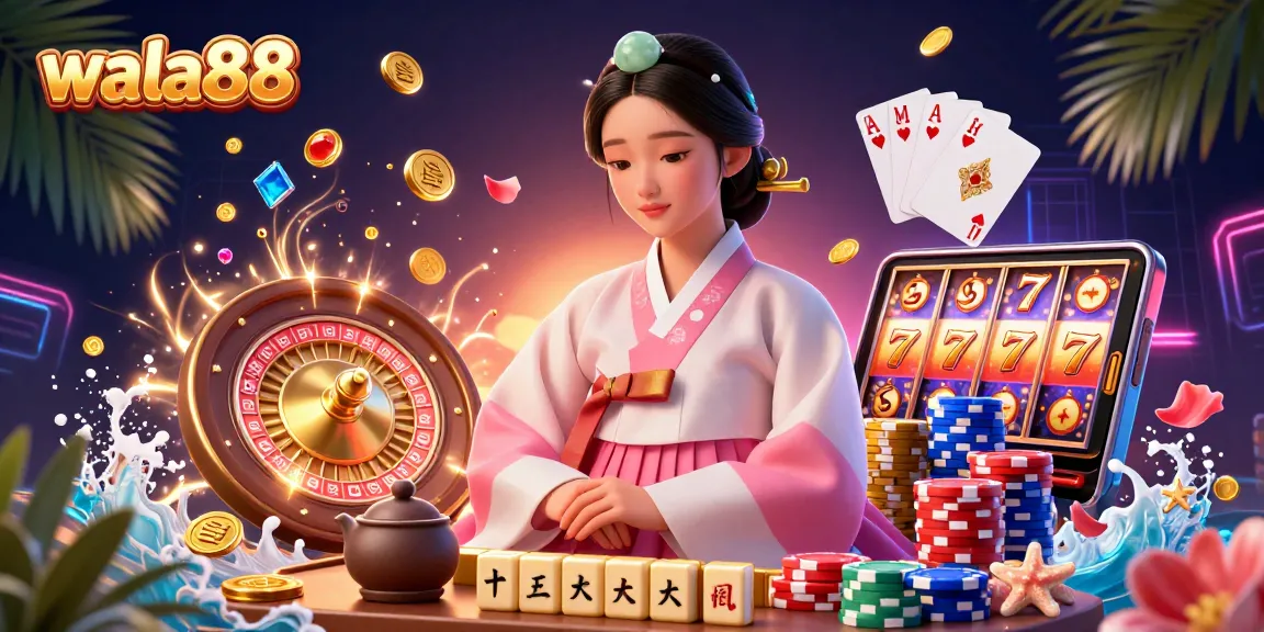Experience the thrill of wala88 with a captivating illustration featuring high-stakes gambling elements and an elegant Asian woman.