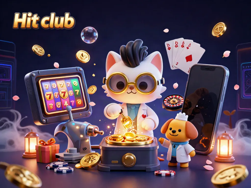 Spin the reels and win at Hit club with a mad scientist cat and dog amidst golden coins!