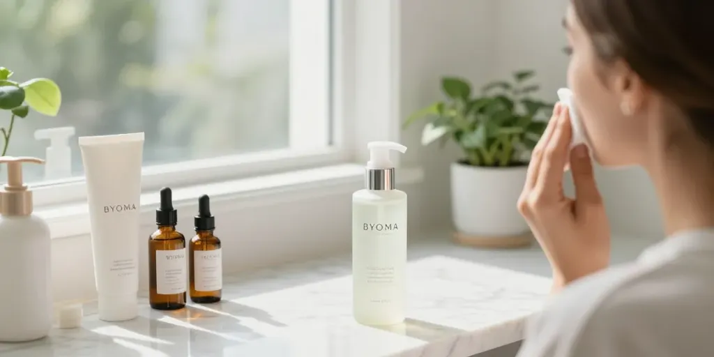 Glow House: vrouw die Byoma Hydrating Milky Toner aanbrengt in een lichte badkamer met skincare producten.