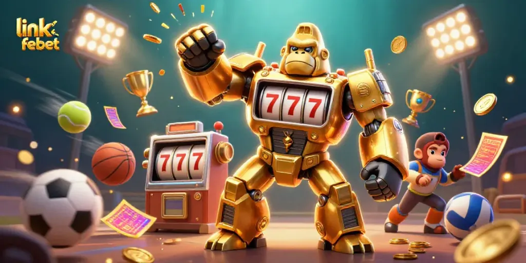 Win big with link febet in a vibrant 3D casino illustration featuring dynamic sports elements.