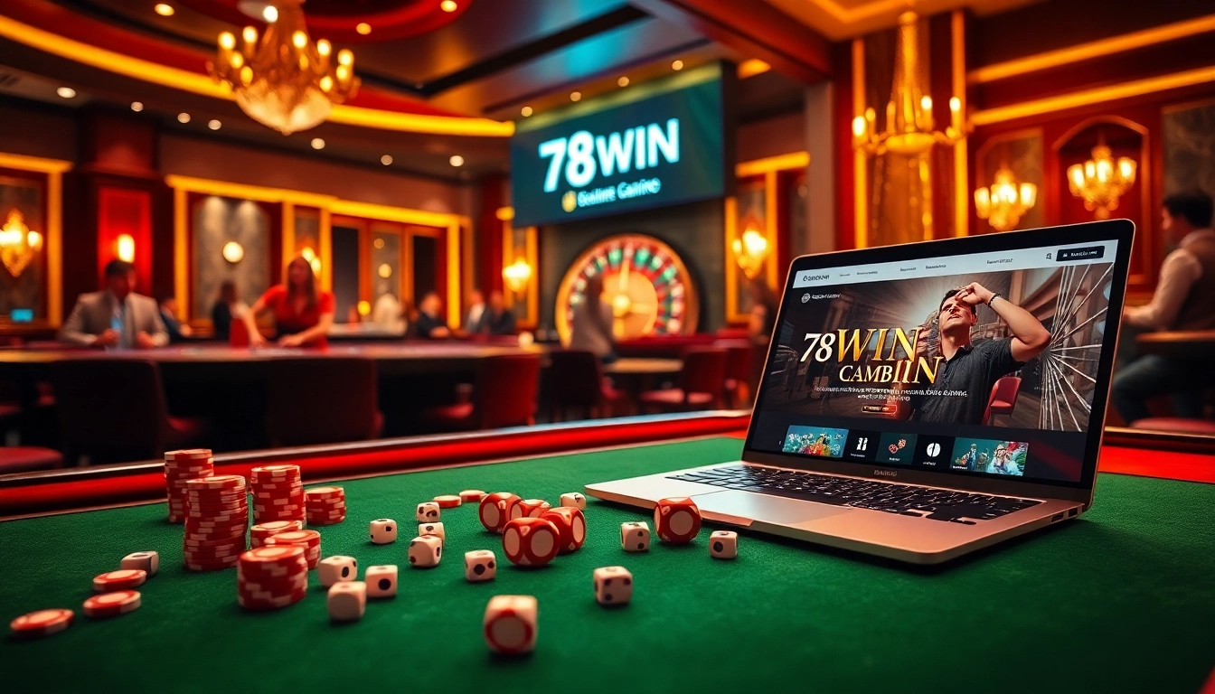 Experience the thrill of winning at 78WIN's glamorous casino with vibrant poker tables and roulette.