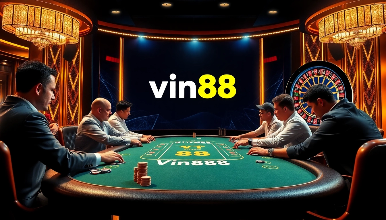 Experience thrilling gameplay with vin88 apk in a luxurious casino setting filled with poker chips and cards.