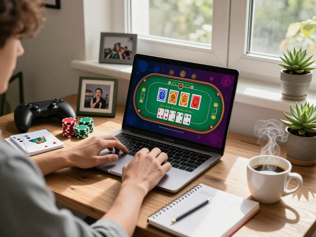 Engaged player exploring kuwin1 online casino on a laptop at home, showcasing live dealer gameplay.