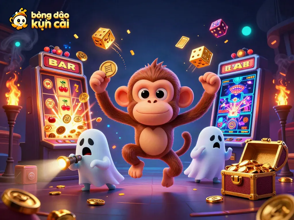 Experience bóng đá kèo nhà cái in a thrilling 3D casino scene with a mischievous monkey and ghost-hunter puppy.