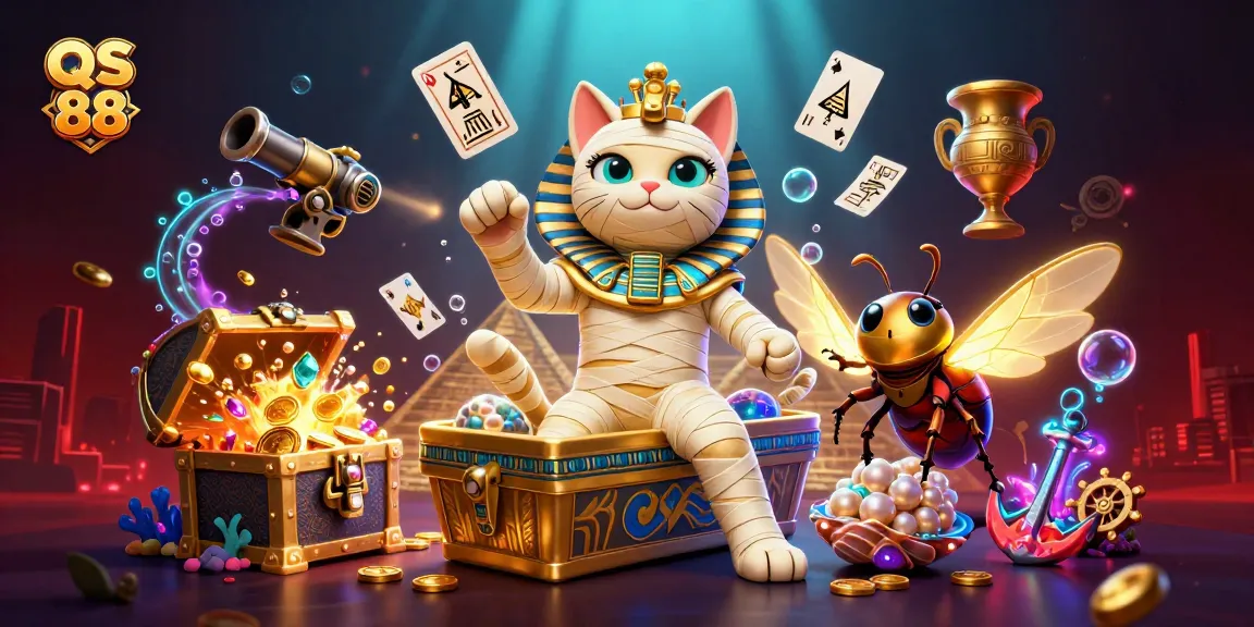 Experience the excitement of QS 88 with a colorful 3D illustration featuring a mummy cat and treasures.