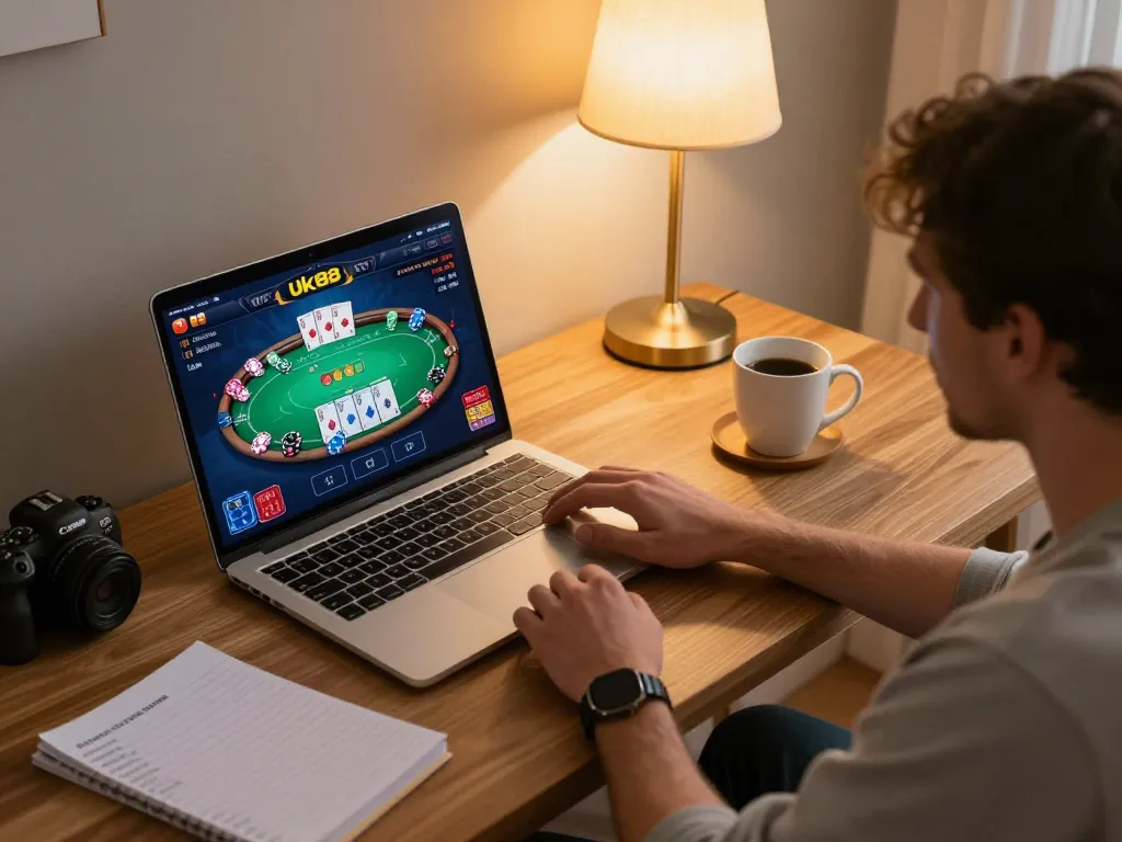 Engaging online gaming session at Uk88, cozy home setup with poker game interface visible.