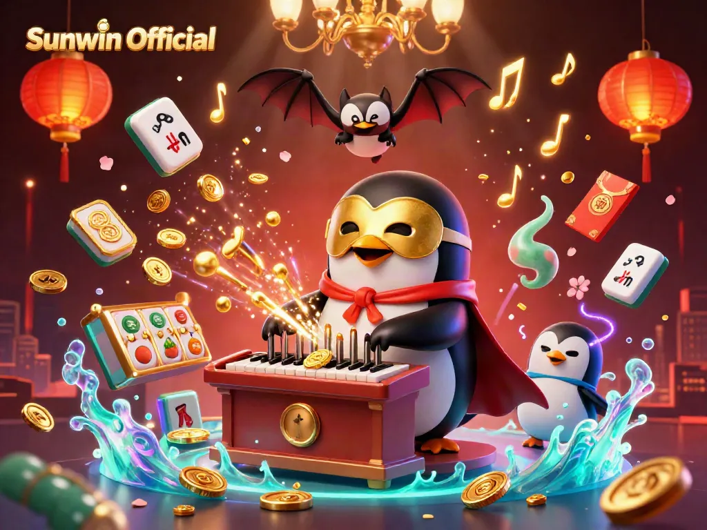 Engaging scene of Sunwin Official with a penguin playing a pipe organ surrounded by exciting casino elements