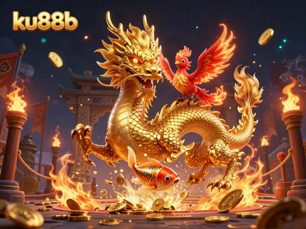 Engage with ku88b's thrilling online gaming experience featuring a powerful dragon and lucky symbols.
