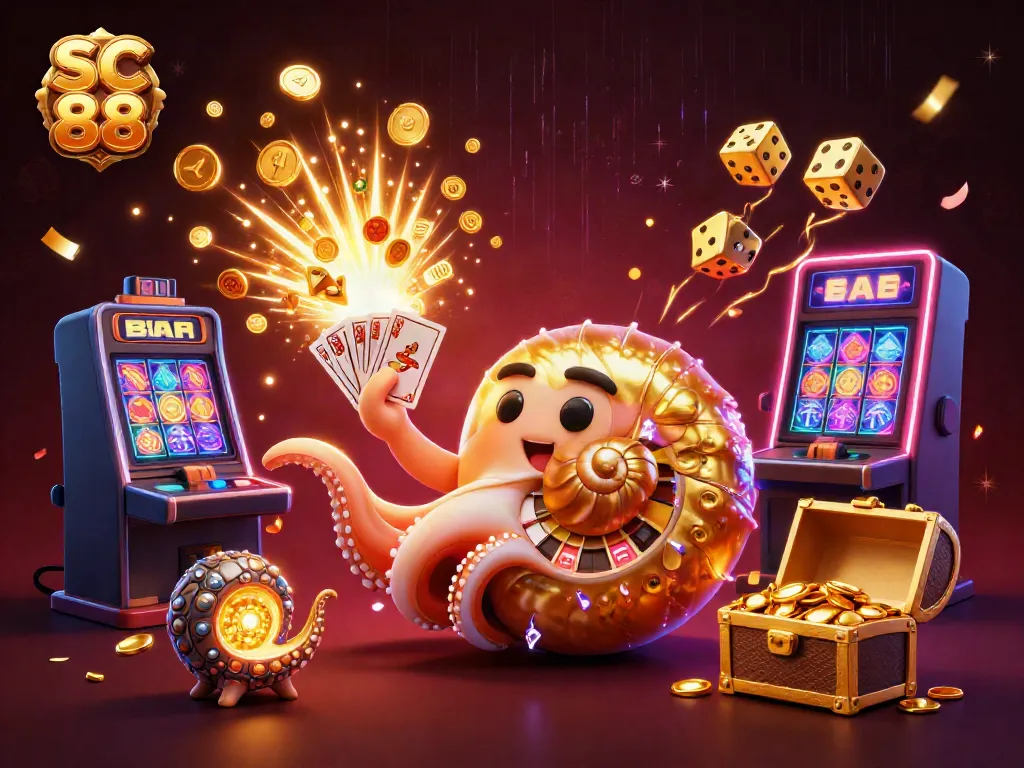 Experience thrilling gameplay with SC 88 as the giant nautilus spins roulette, surrounded by vibrant casino elements.