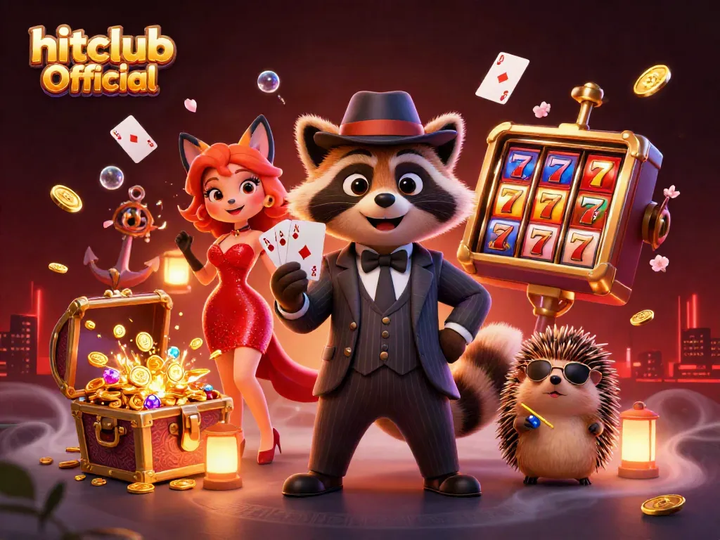 Experience thrilling gameplay with hitclub Official in a vibrant 3D casino illustration featuring a raccoon and friends.