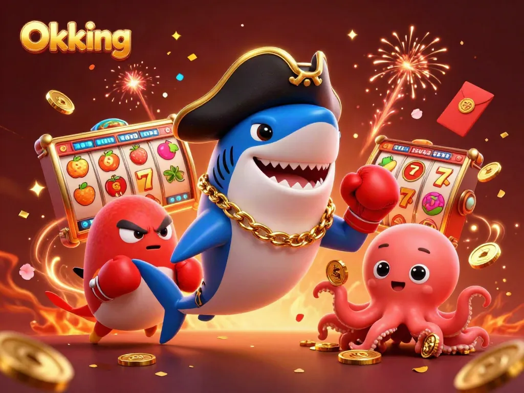 Experience thrilling moments at Okking's dynamic casino world with playful characters and vibrant gaming elements.
