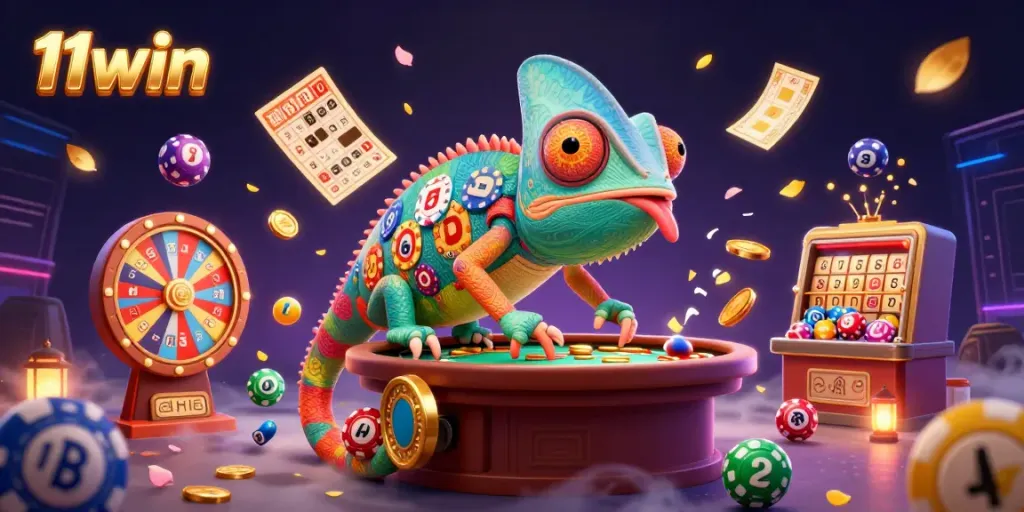 Experience vibrant gaming with 11Win's dynamic chameleon casino owner amidst colorful lottery elements.