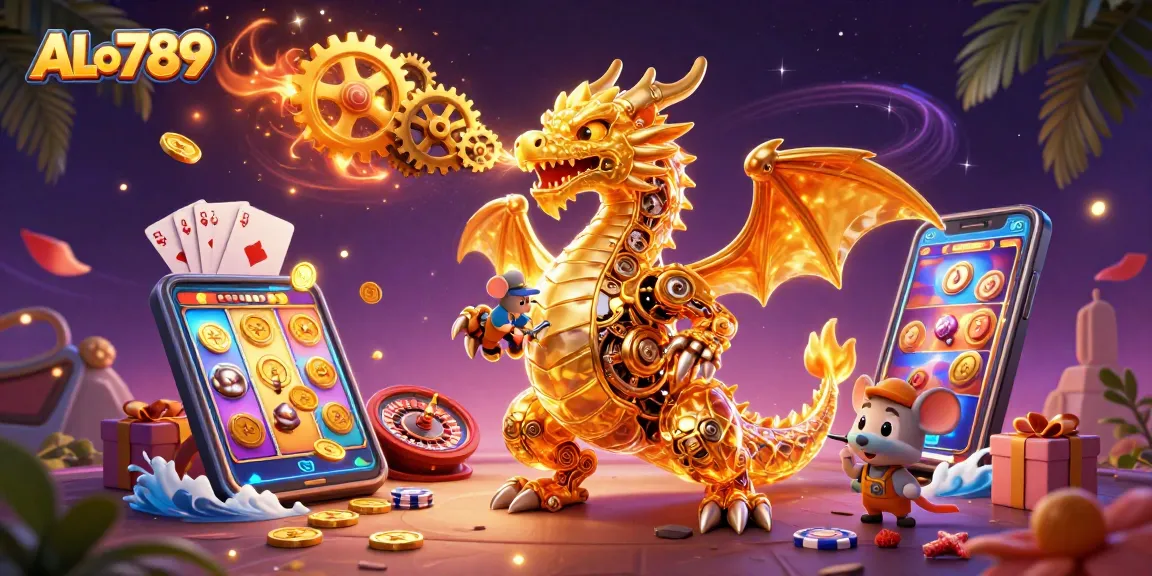 Bet on ALo789 with a vibrant illustration featuring a golden dragon and exciting casino elements.
