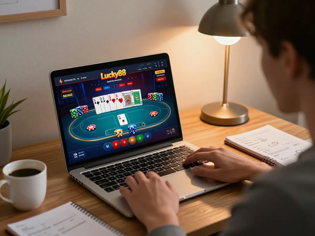 Player engaging with Lucky88 online casino on laptop, enjoying a cozy gaming atmosphere.