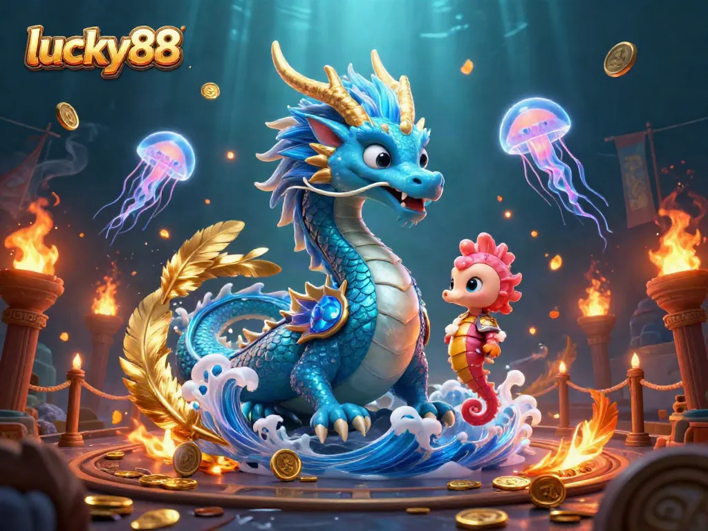 Engage with lucky88's vibrant casino world, featuring a dragon, seahorse knight, and neon jellyfish.