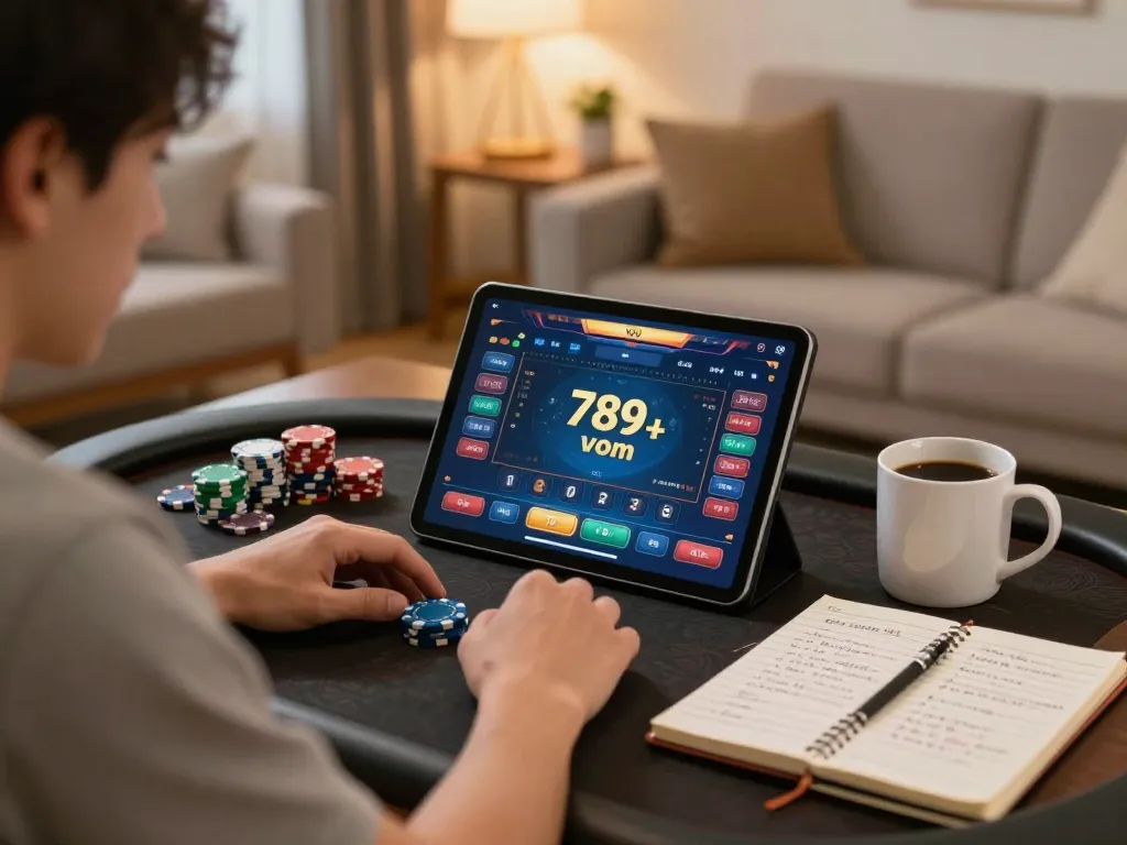 Engaging gameplay at home with 789win vom on tablet while managing chips and strategy notes.