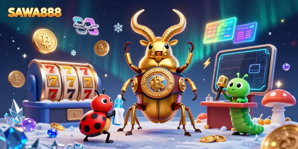 Experience dynamic gaming with SAWA888 as a giant golden beetle champion battles for slots and crypto rewards.