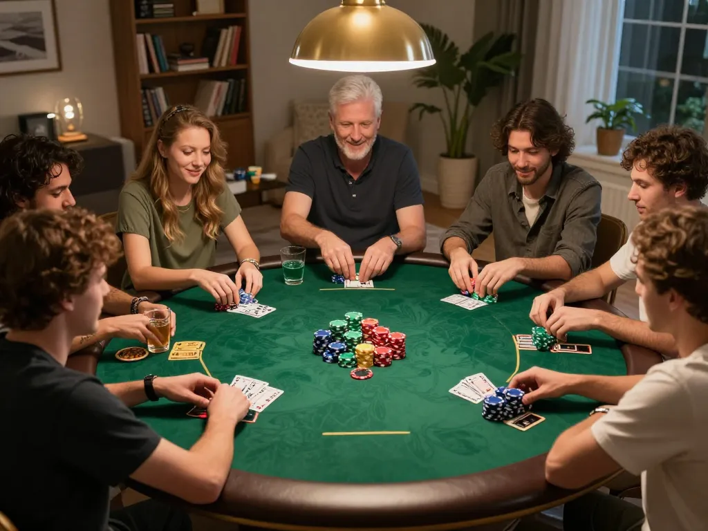 Enjoy dynamic gameplay with SC88 BET during a friendly home poker night with engaging players.