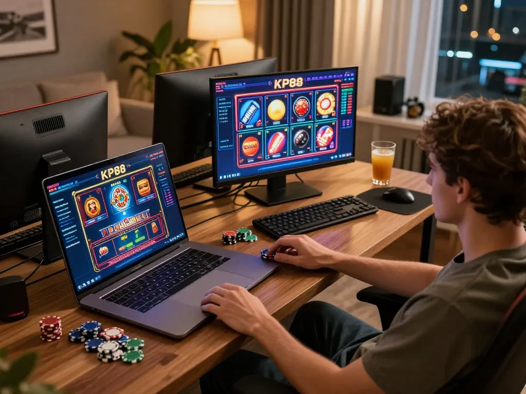 Playing KP88 casino games on a stylish laptop in a cozy gaming corner with poker chips visible.