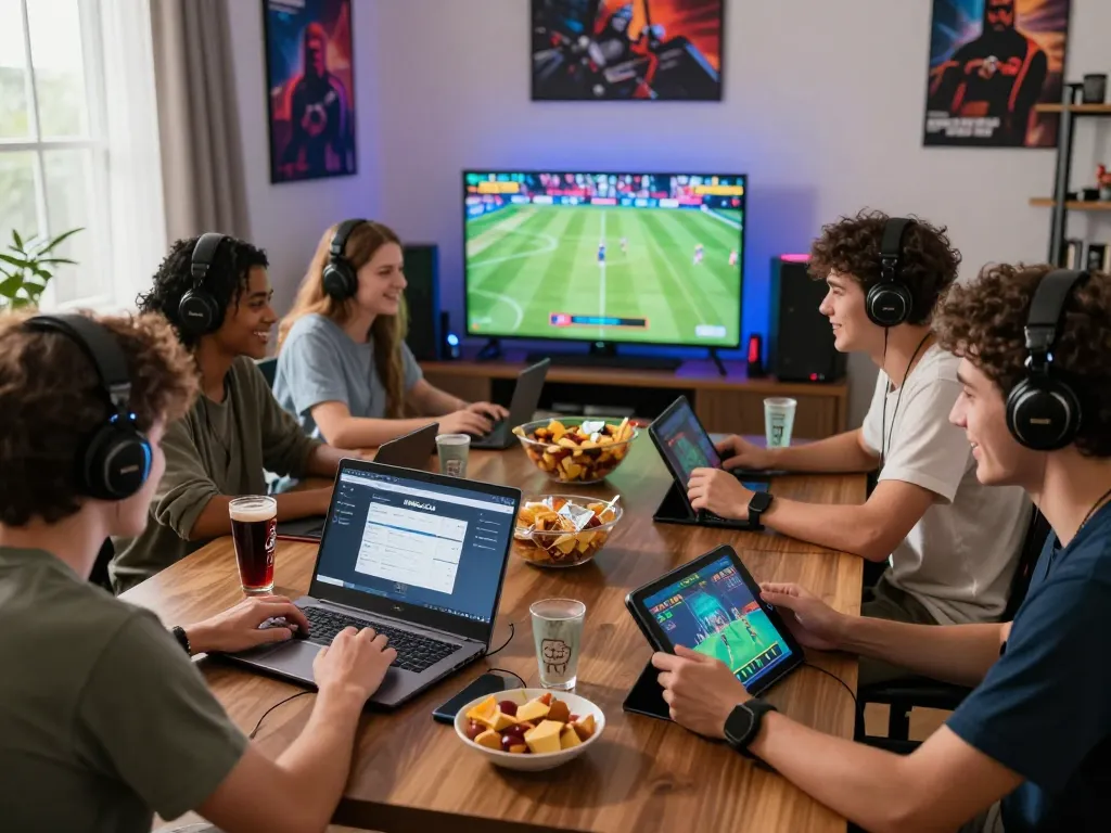 Friends enjoying an immersive gaming session on MM88.COM, engaging with laptops and tablets.