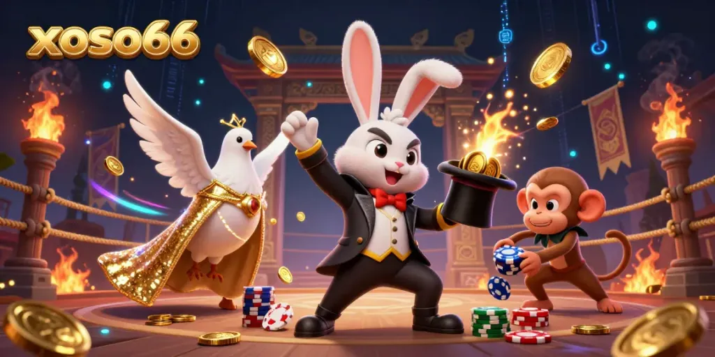 Create excitement with xoso66's magical rabbit, dove, and monkey in a vibrant casino scene.