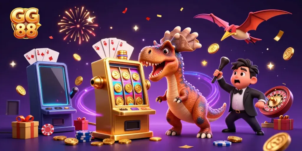 Interactive GG 88 gaming scene with a pachycephalosaurus and casino elements celebrating jackpot wins