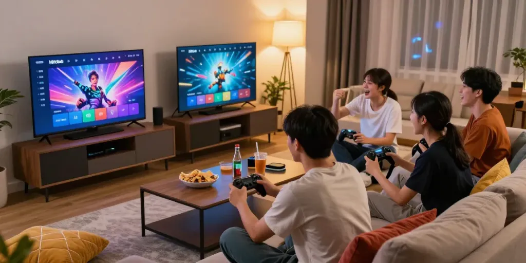 Exciting online gaming session with Hitclub displayed on TV in a lively living room.