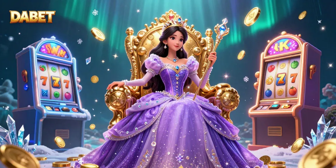 DABET showcases thrilling slots action with a beautiful princess amidst colorful slot machines and golden coins.
