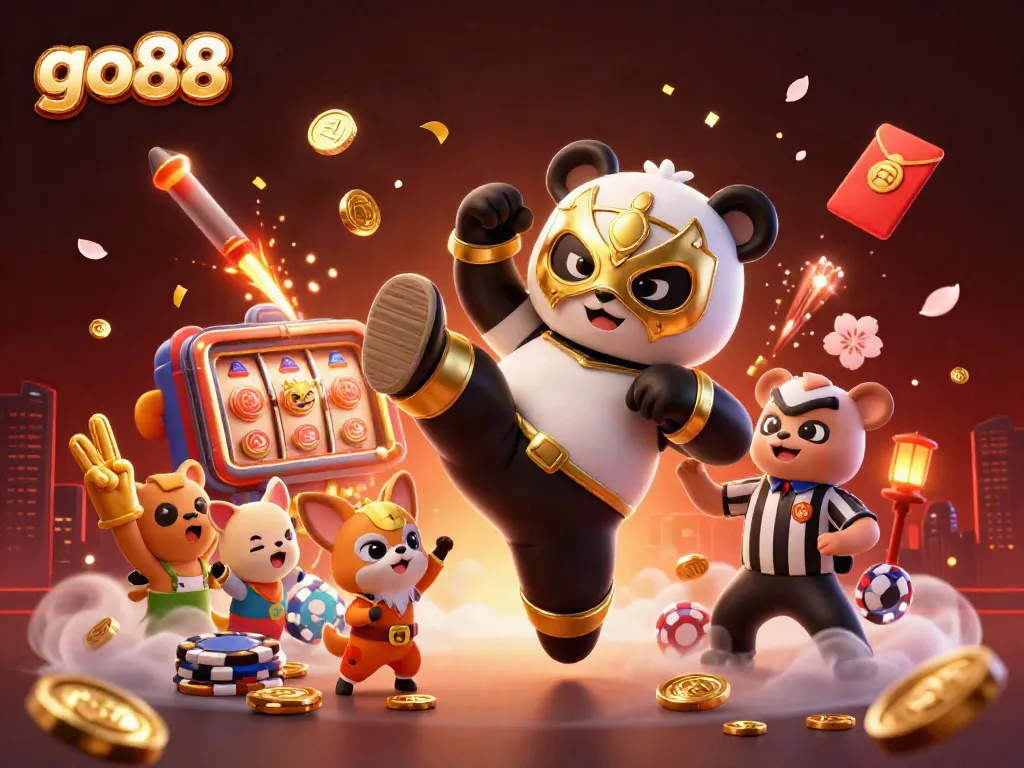 Go88 features a vibrant 3D scene with a panda wrestler kicking while a chihuahua referee counts, surrounded by casino elements.