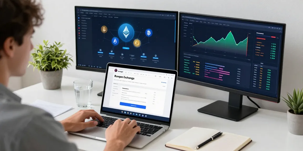 Bungee Exchange platform analysis in a modern workspace with a user interacting with cross-chain transactions and vibrant blockchain data visualizations.