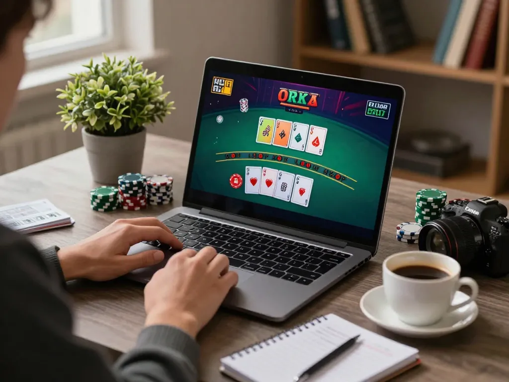Engaged player enjoying cm88 online blackjack on laptop, displaying strategic gaming environment with notes and coffee.
