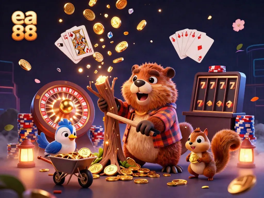 Experience the thrill of ea 88 with golden coins cascading, a beaver character, and vibrant gambling elements.