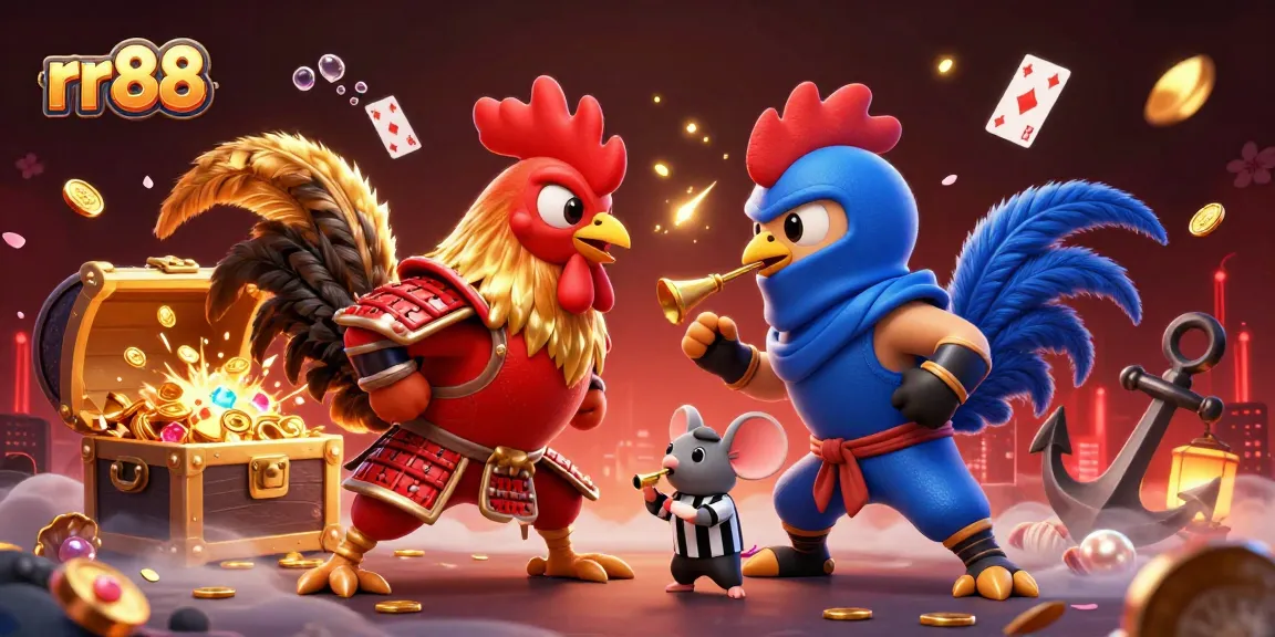 Experience thrilling action at rr88 with colorful casino-themed fighting roosters amidst treasure and excitement.